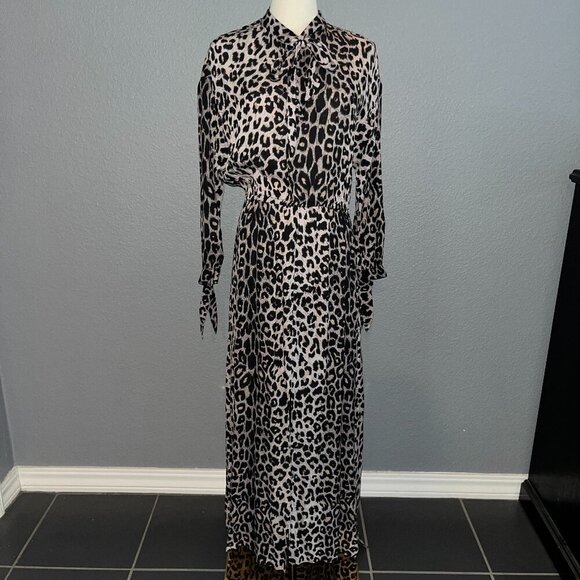 ALLSAINTS Leopard Animal Print Long Sleeve Bow Neck Maxi Dress  EUC  Size Small - Picture 1 of 16